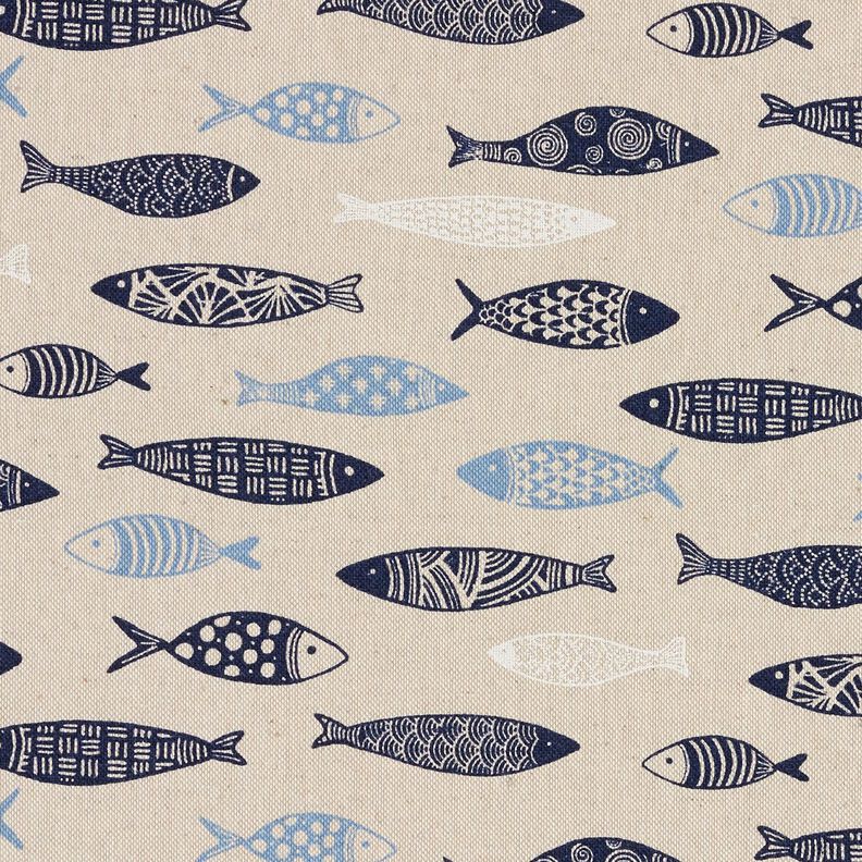 Tkanin dekoracyjna Half panama abstrakcyjna ławica ryb – naturalny/błękit,  image number 1
