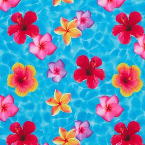 Materiał na kostiumy kąpielowe hawajskie kwiaty – błękit/intensywny róż, 