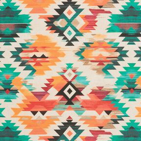 Tkanin dekoracyjna Half panama abstrakcyjny nadruk etno – jasnobeżowy/szmaragdowy, 