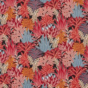 Tkanin dekoracyjna Żakard liście z dżungli – czerń/czerwień karminowa, 