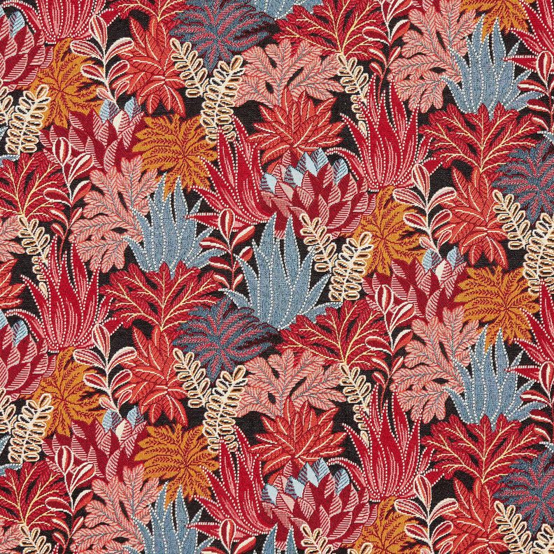 Tkanin dekoracyjna Żakard liście z dżungli – czerń/czerwień karminowa,  image number 1