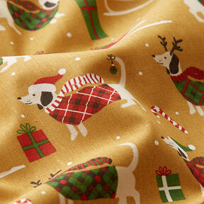 Tkanina bawełniana Kreton świąteczne psy – musztarda, 