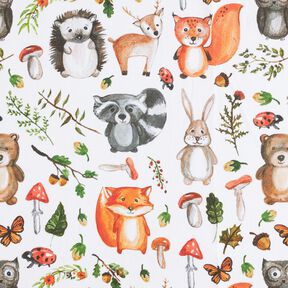 Tkanina dekoracyjna half panama malowane leśne zwierzęta – biel, 