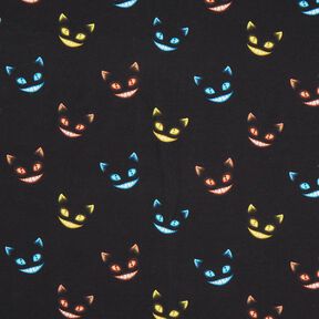Dzianina dresowa pętelkowa French Terry uśmiechnięty kot nadruk cyfrowy – czerń/mix kolorów, 
