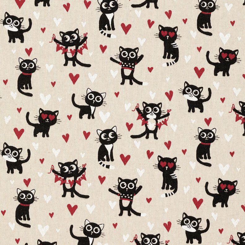 Tkanin dekoracyjna Half panama zakochane koty – naturalny/czerwień,  image number 1