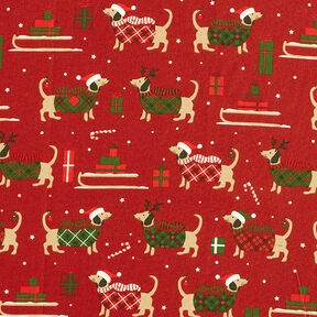 Tkanina bawełniana Kreton świąteczne psy – czerwień karminowa, 