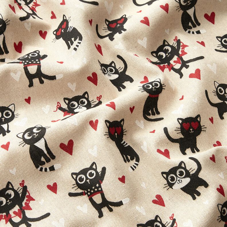 Tkanin dekoracyjna Half panama zakochane koty – naturalny/czerwień,  image number 2