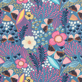 Tkanina bawełniana Kreton motyle i kwiaty – szary błękit/pink, 