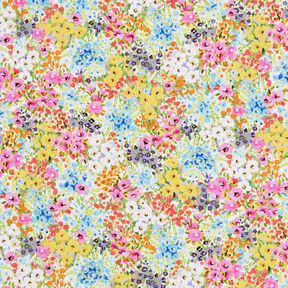 Tkanina bawełniana Popelina kolorowe kwiaty – lawendowy/błękit, 