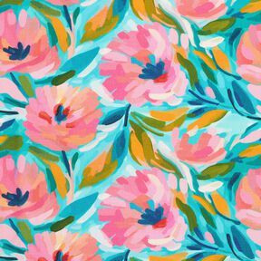 Tkanin dekoracyjna Diagonal bawełniany malowane kwiaty – róż/turkus, 