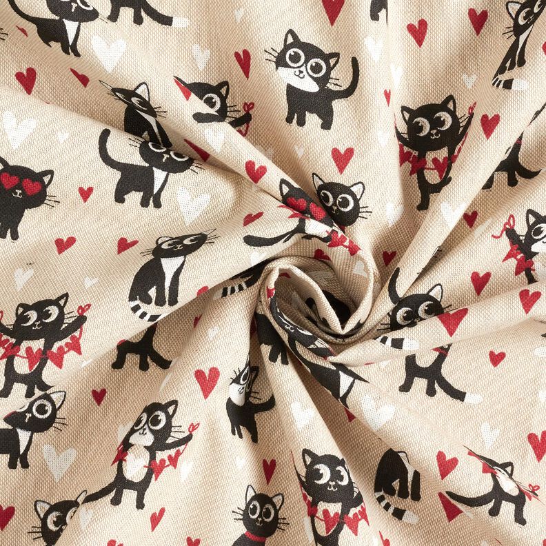 Tkanin dekoracyjna Half panama zakochane koty – naturalny/czerwień,  image number 3