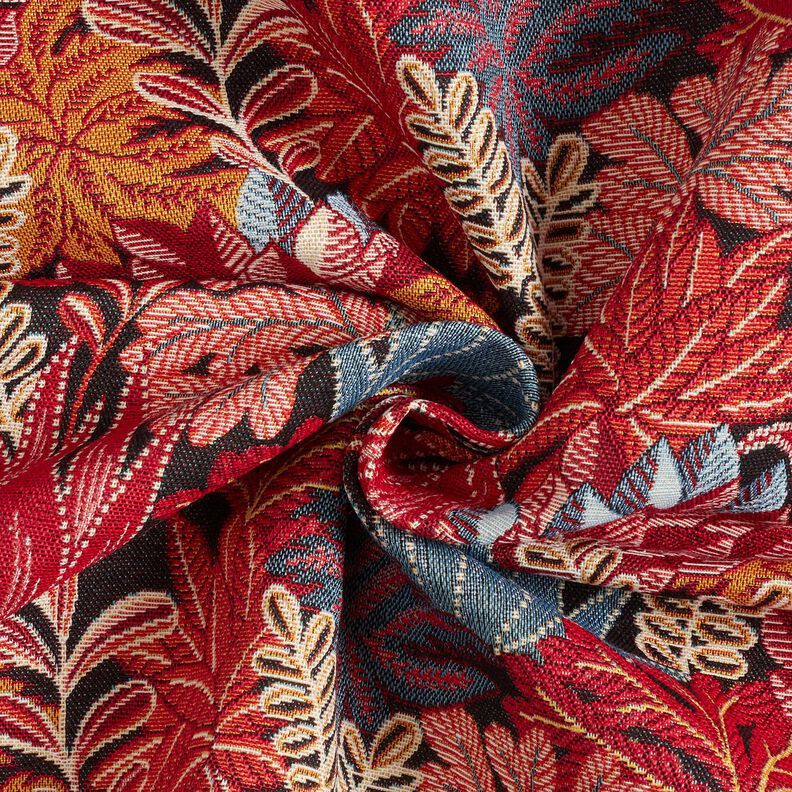 Tkanin dekoracyjna Żakard liście z dżungli – czerń/czerwień karminowa,  image number 3