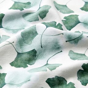 GOTS Dżersej bawełniany miłorząb japoński nadruk cyfrowy – biel/eukaliptusowy, 
