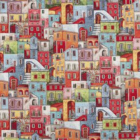 Tkanin dekoracyjna Gobelin kolorowe miasteczko – czerwień karminowa/błękit, 