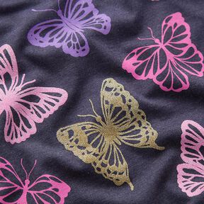 Dżersej bawełniany brokatowe motyle – czarnoniebieski, 