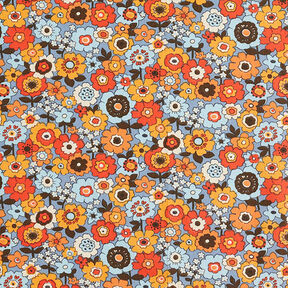 Tkanina bawełniana Kreton kolorowe kwiaty – jasnoniebieski jeans/pomarańcza, 